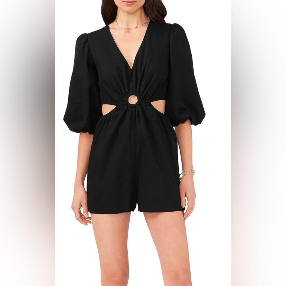 NWT 1. State romper black linen cotton v neck cut out party resort vacation L
